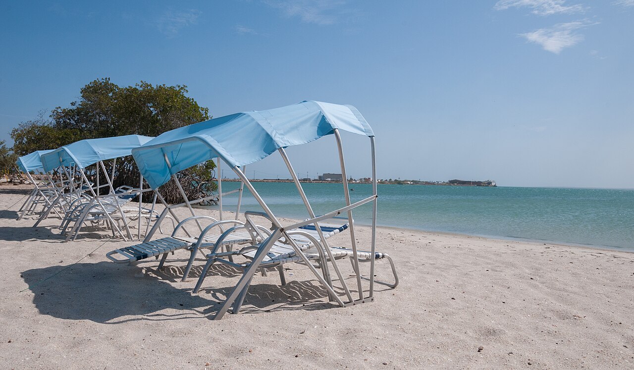 Shaded lounge chairs on a quiet sandy beach with calm blue water in the background